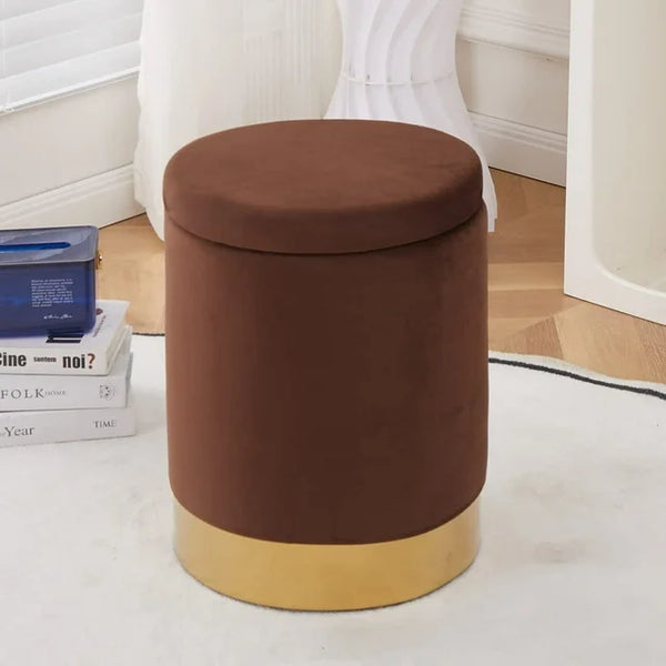 Round Footstools Velvet Storage Ottoman Multipurpose Footrest Stool with Metal Base Modern Vanity Stool Chair Foot Stools Small Side Table Support 300lbs Padded Seat for Living Room & Bedroom, Brown