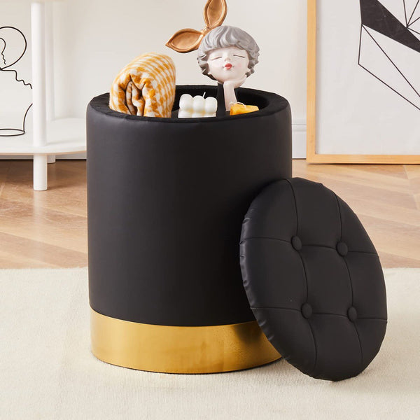 Round Footstools Velvet Storage Ottoman,Storage Ottoman Footrest Stool with Metal Base,Modern Vanity Stool Chair Foot Stools Small Side Table,Support 300lbs Padded Seat for Living Room ,Black