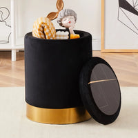 Round Storage Ottoman with Metal Base, Modern Barrel Storage Chair, Multipurpose Footrest Stool with Storage, Velvet Upholstered Vanity Stool Chair for Living Room & Bedroom, Dark Gray