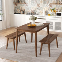 Rubber Wood Dining Table Set with 2 Benches, 3-Piece Modern Kitchen Table Set with Sleek Wood Board for 4, Simple Space Saving Dinette Set of 3, Scratch and Wear Resistant, Walnut