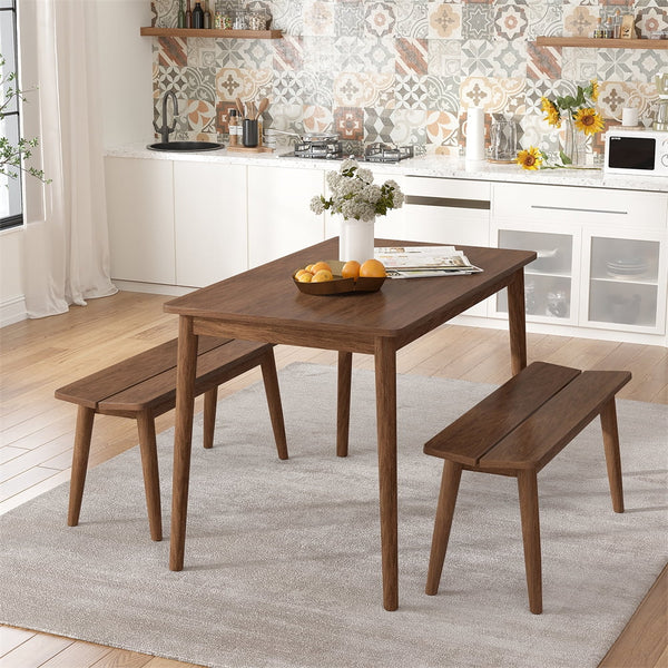 Rubber Wood Dining Table Set with 2 Benches, 3-Piece Modern Kitchen Table Set with Sleek Wood Board for 4, Simple Space Saving Dinette Set of 3, Scratch and Wear Resistant, Walnut
