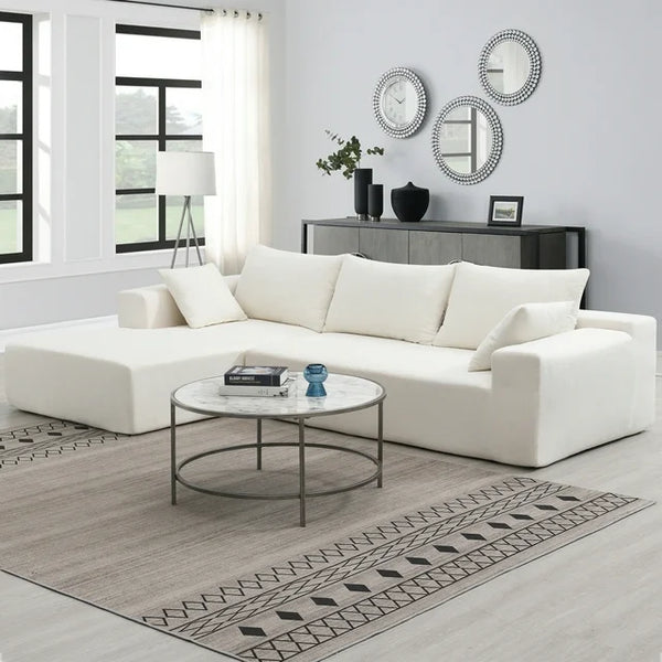 Sectional Sofa Sleeper Couch, Chenille Upholstered L-Shape Sleeper Sofa with 2 Pillows & Armrest, Convertible Modular Minimalist Sofa for Apartment Living Room, 2 PC Free Combination, White
