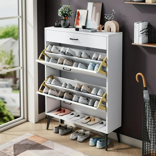 Shoe Cabinet with 2 Flip Drawers and Open Shelf,Free Standing Shoe Racks Storage Cabinet with Metal Legs,Shoe Rack Organizer Entrance Shoe Storage Cabinet Narrow Closet for Entryway Hallway,White