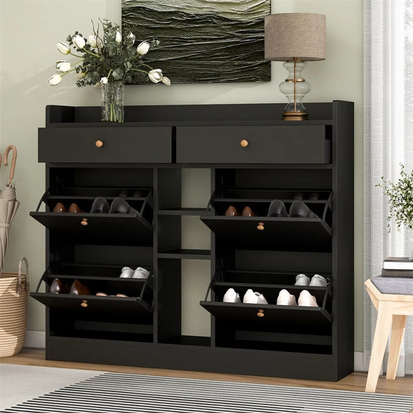 Shoe Cabinet with 4 Flip Drawers for Entryway, Modern 2-Tier Shoe Storage Organizer, Freestanding Slim Narrow Shoe Rack, Black (50.7"W x 9.4"D x 42.5"H)