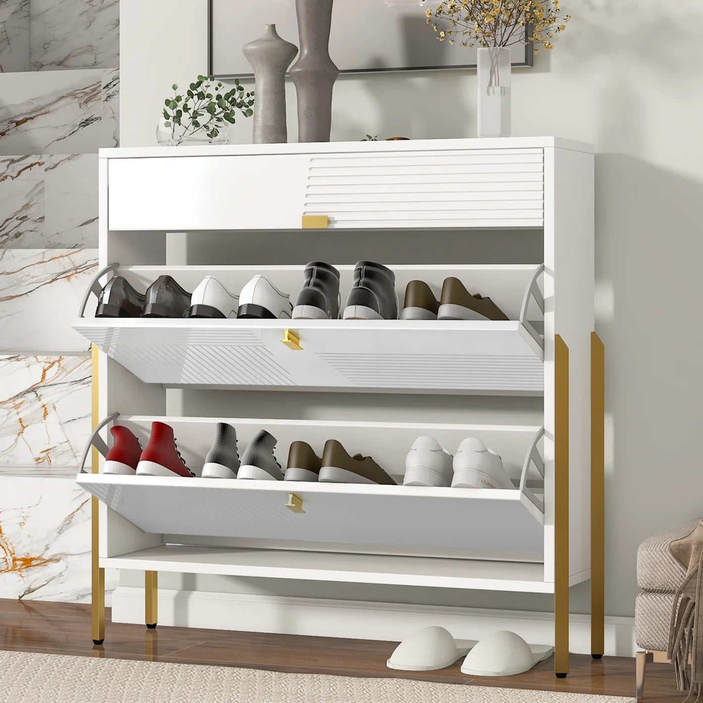 Shoe Cabinet with 2 Flip Drawers & 1 Slide Drawer, Free Standing Shoe Rack for Heels Boots Slippers, Shoe Storage Cabinet for Entryway Hallway, White