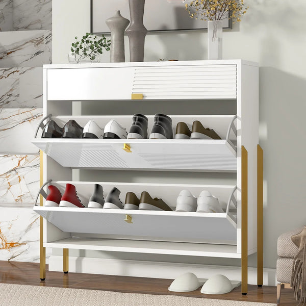Shoe Cabinet with 2 Flip Drawers & 1 Slide Drawer, Free Standing Shoe Rack for Heels Boots Slippers, Shoe Storage Cabinet for Entryway Hallway, White