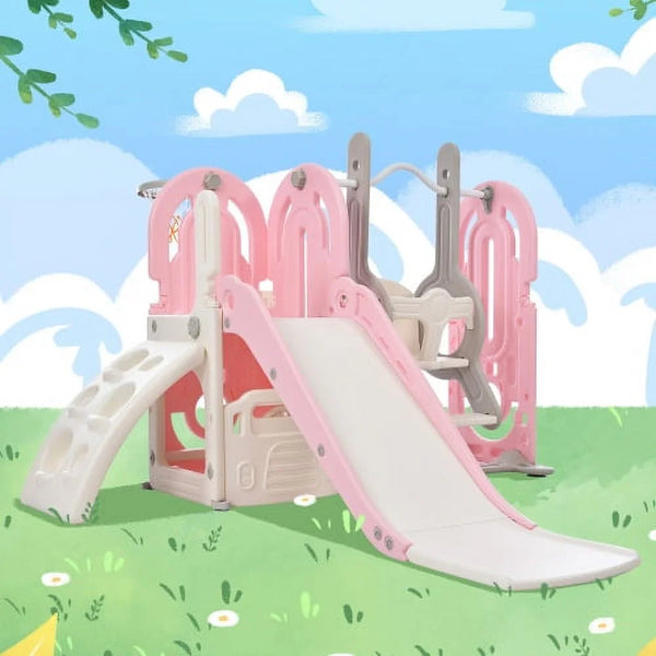 Slide and Swing Set 5 in 1, Kids Playground Climber Slide Playset with with Basketball Hoop, Extra Long Slide, Easy Set Up Baby Playset for Indoor Outdoor Backyard, Pink