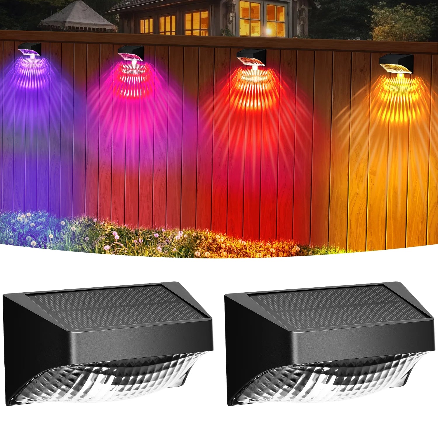 Solar Fence Lights Outdoor Waterproof, Upgraded RGB Solar Fence Lights with Warm White Mode & Color Changing, IP65 Waterproof LED Solar Lights for Fence, Yard, Wall, Stairs, Pool, Step Decor(2 Packs)