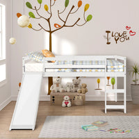 Solid Wood Twin Size Low Bunk Bed with Slide and Ladder, Mini Slide Loft Bed for Kids, Multifunctional Design, 78.2"L x 82.6"W x 44.4"H, White