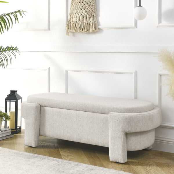 Storage Bench, 51.5-inch Chenille Upholstered Storage Ottoman Bench, End of Bed Storage Bench with Safety Hinge, Large Storage Ottoman Bench for Bedroom, Living Room, Foot of Bed, Beige