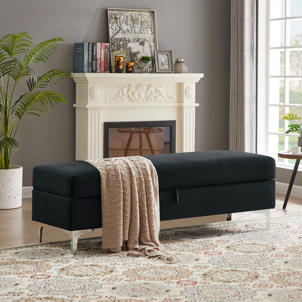Storage Bench for Bedroom End of Bed, 55.9" Upholstered Velvet Storage Ottoman Bench, End of Bed Storage Bench with Thick Cushion and Metal Legs Window Bench Seat for Living Room Bedroom, Black