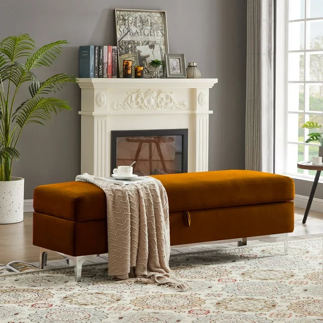 Storage Bench for Bedroom End of Bed, 55.9" Upholstered Velvet Storage Ottoman Bench, End of Bed Storage Bench with Thick Cushion and Metal Legs Window Bench Seat for Living Room Bedroom, Brown