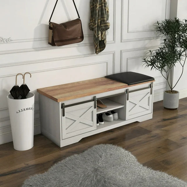 Storage Bench Shoe Storage Bench with Adjustable Shelves & Padded Cushion Farmhouse Entryway Bench with Sliding X Barn Door Shoe Storage Shoe Bench for Entryway, White