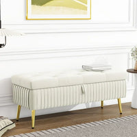 Storage Ottoman Bench, 44.5 inch Button-Tufted Ottoman with Safety Close Hinge, Upholstered Large Storage Bench for Living Room, Entryway, Hallway, Foot Rest, Solid Wood Frame, Support 220lbs, Beige