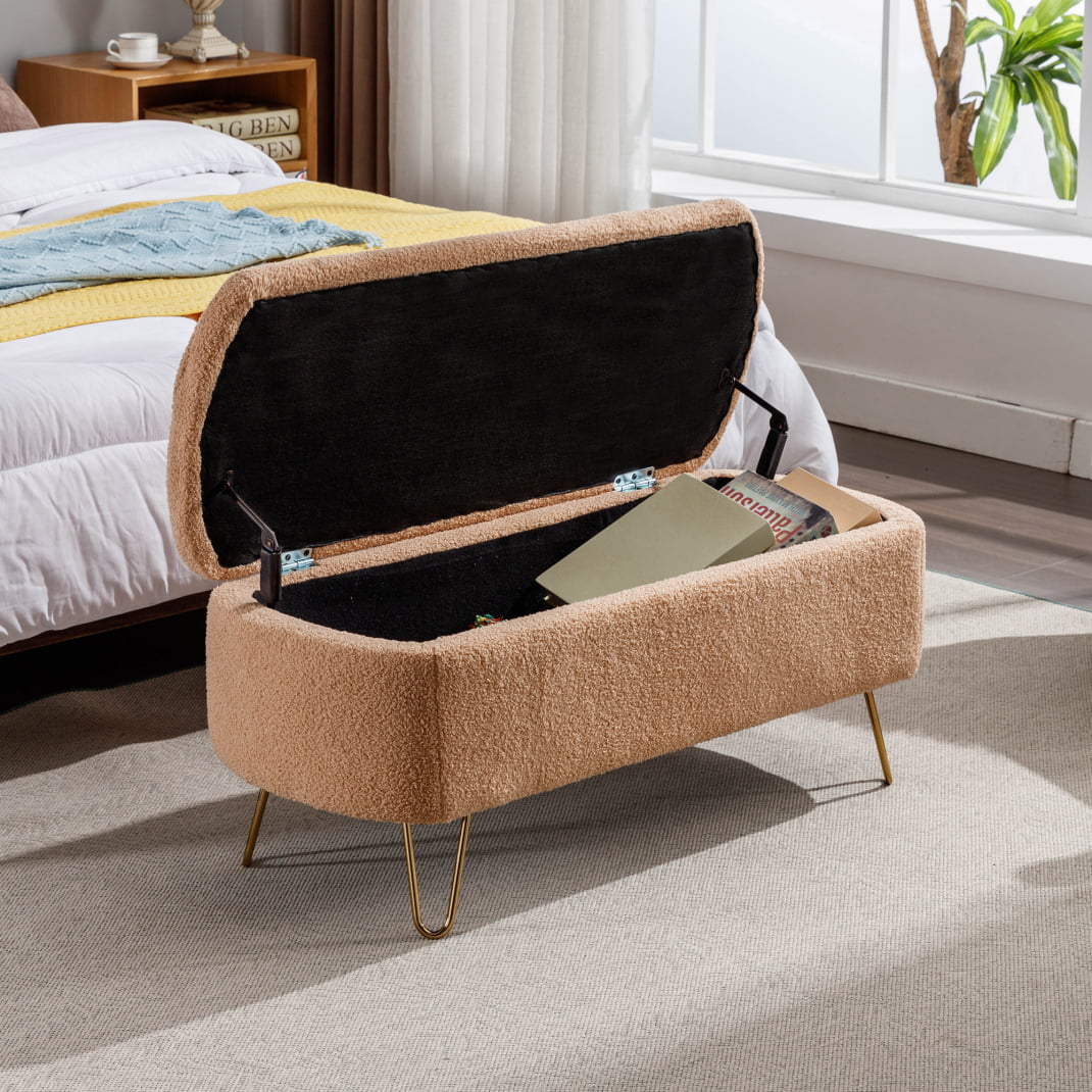 Storage Ottoman Bench,End of Bed Bench with Large Storage Space and Metal Legs,Upholstered Entryway Bench for Living Room Bedroom End of Bed Entryway,Camel