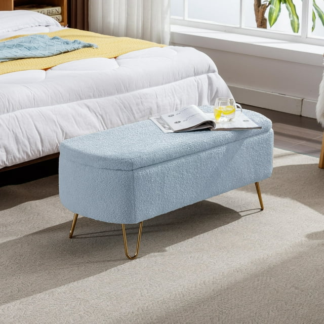Storage Ottoman Bench with Golden Metal Legs,Modern Faux Fur Entryway Bench,Accent Ottoman Bench Upholstered Padded with Storage for Living Room Bedroom Foyer,Blue