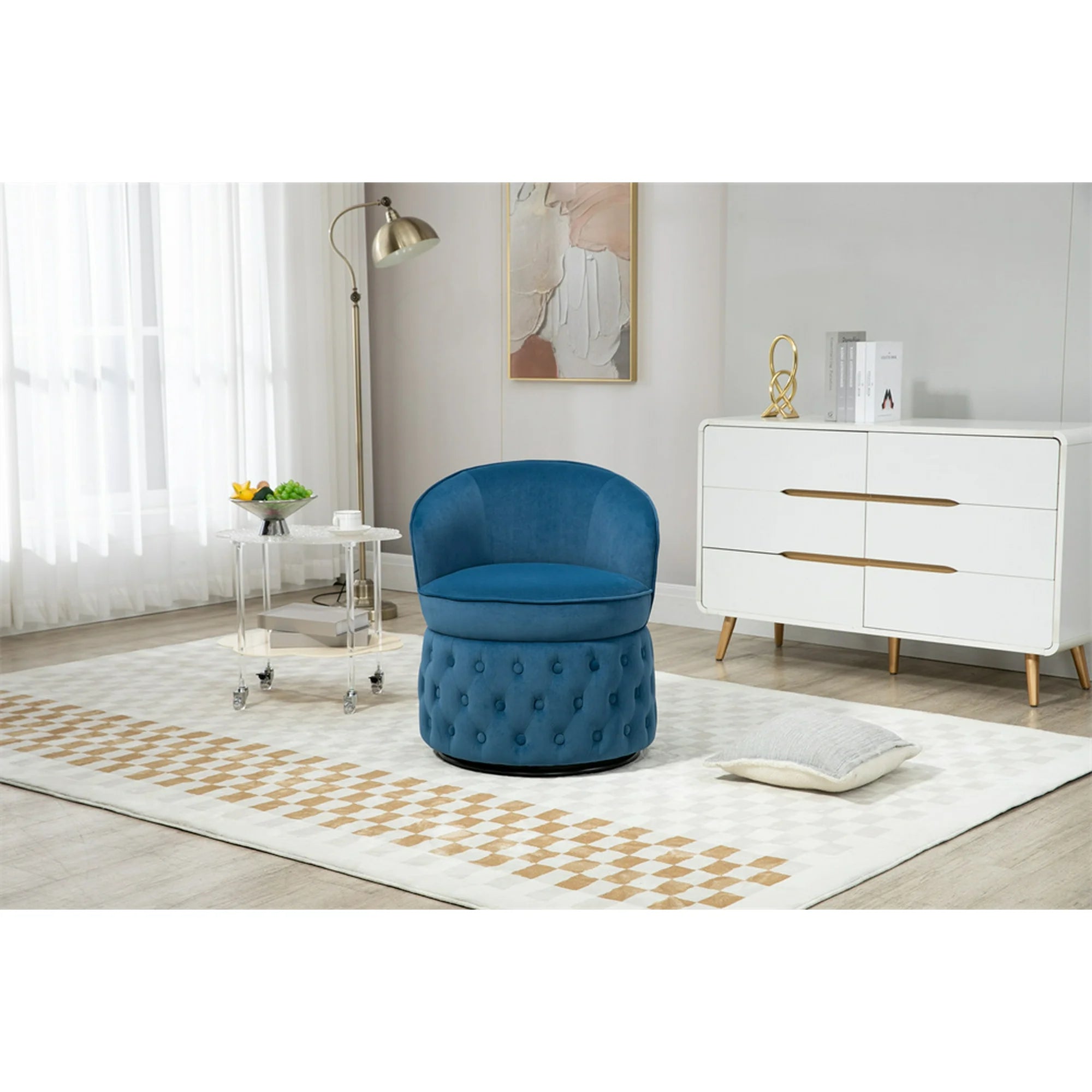 Swivel Accent Barrel Chair, Modern Round Barrel Chair with with 360 Degree Swiveling Metal Base Comfy Single Leisure Sofa Chair Reading Chair with Curved Back for Living Room Bedroom Office Light Blue