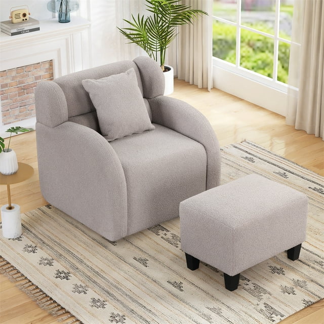 Swivel Accent Chair with Ottoman,360 Degrees Swivel Barrel Chair with Square Footstool,Teddy Short Plush Velvet Armchair,Comfy Lounge Chair Living Room Chair for Living Room Bedroom Office,Gray
