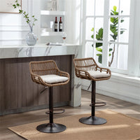 Swivel Bar Stools Set of 2 Adjustable Counter Height Bar Stools, Retro PE Rattan Bar Chair Upholstered Barstools with Footrest and Metal Base for Home Pub Kitchen Island and Dining Room, Beige