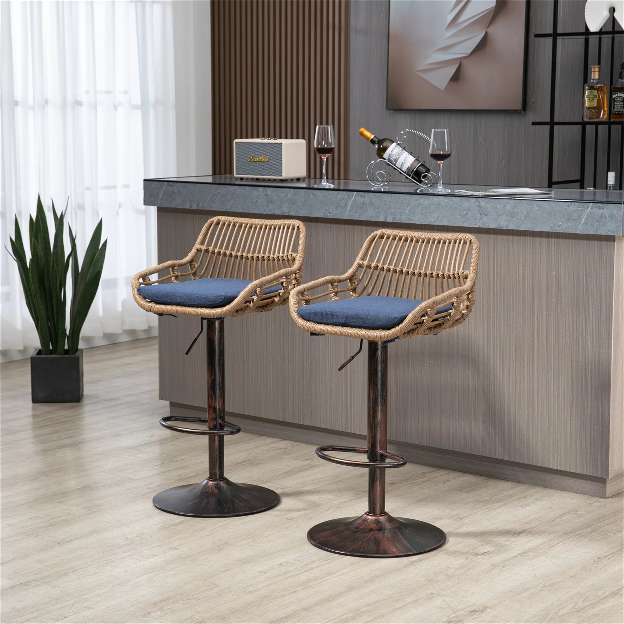Swivel Bar Stools Set of 2 Adjustable Counter Height Bar Stools, Retro PE Rattan Bar Chair Upholstered Barstools with Footrest and Metal Base for Home Pub Kitchen Island and Dining Room, Blue