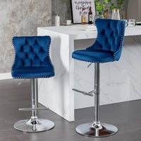Swivel Bar Stools Set of 2 with Adjustable Seat Height, Contemporary Velvet Counter Stool with Metal Legs and Chrome Nailhead Trim Backrest, Dining Chair for Home and Pub, Blue & Sliver