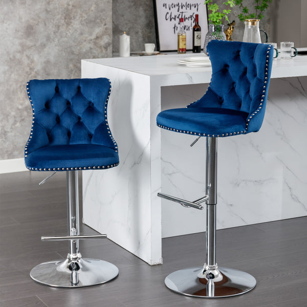Swivel Bar Stools Set of 2 with Adjustable Seat Height, Contemporary Velvet Counter Stool with Metal Legs and Chrome Nailhead Trim Backrest, Dining Chair for Home and Pub, Blue & Sliver
