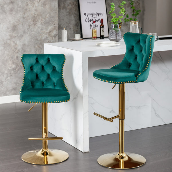 Swivel Bar Stools Set of 2 with Adjustable Seat Height, Contemporary Velvet Counter Stool with Metal Legs and Chrome Nailhead Trim Backrest, Dining Chair for Home and Pub, Green & Gold