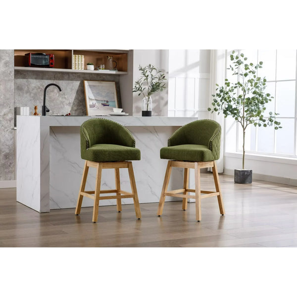 Swivel Bar Stools Set of 2, Linen Fabric Upholstered Counter Height Bar Chairs with Nailheads Trim and Footrest, Bar Chairs with Solid Wood Legs for Kitchen Island Dining Room Pub Cafe, Olive Green