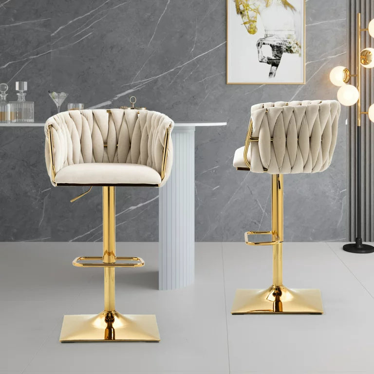 2PCS Height Adjustable Velvet Bar Stools, 360° Swivel Bar Chairs with Woven Back,Upholstered Dining Chairs with Metal Square Base, Side Chairs for Dining Room, Cafe, Pub, Bar Counter