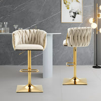 2PCS Height Adjustable Velvet Bar Stools, 360° Swivel Bar Chairs with Woven Back,Upholstered Dining Chairs with Metal Square Base, Side Chairs for Dining Room, Cafe, Pub, Bar Counter
