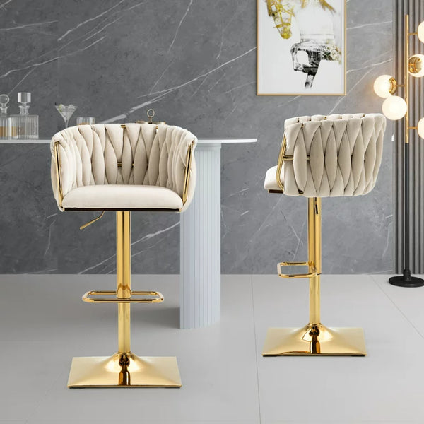 2PCS Height Adjustable Velvet Bar Stools, 360° Swivel Bar Chairs with Woven Back,Upholstered Dining Chairs with Metal Square Base, Side Chairs for Dining Room, Cafe, Pub, Bar Counter