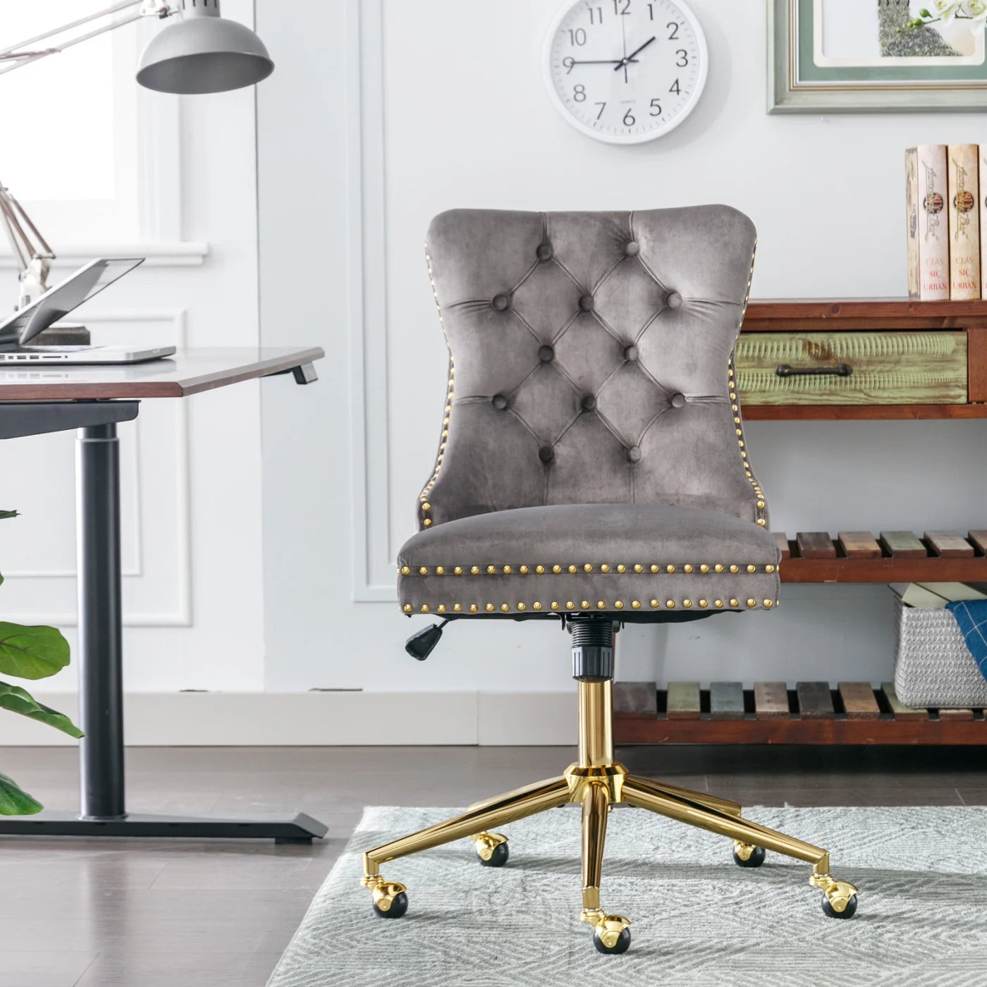 Swivel Home Office Chair, Adjustable Desk Chair Swivel Office Chair with Golden Metal Base, Velvet Upholstered Tufted Button Task Chair Computer Chair for Living Room Bedroom Office, Gray