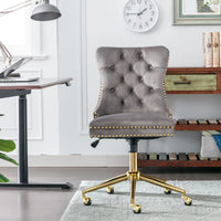 Swivel Home Office Chair, Adjustable Desk Chair Swivel Office Chair with Golden Metal Base, Velvet Upholstered Tufted Button Task Chair Computer Chair for Living Room Bedroom Office, Gray
