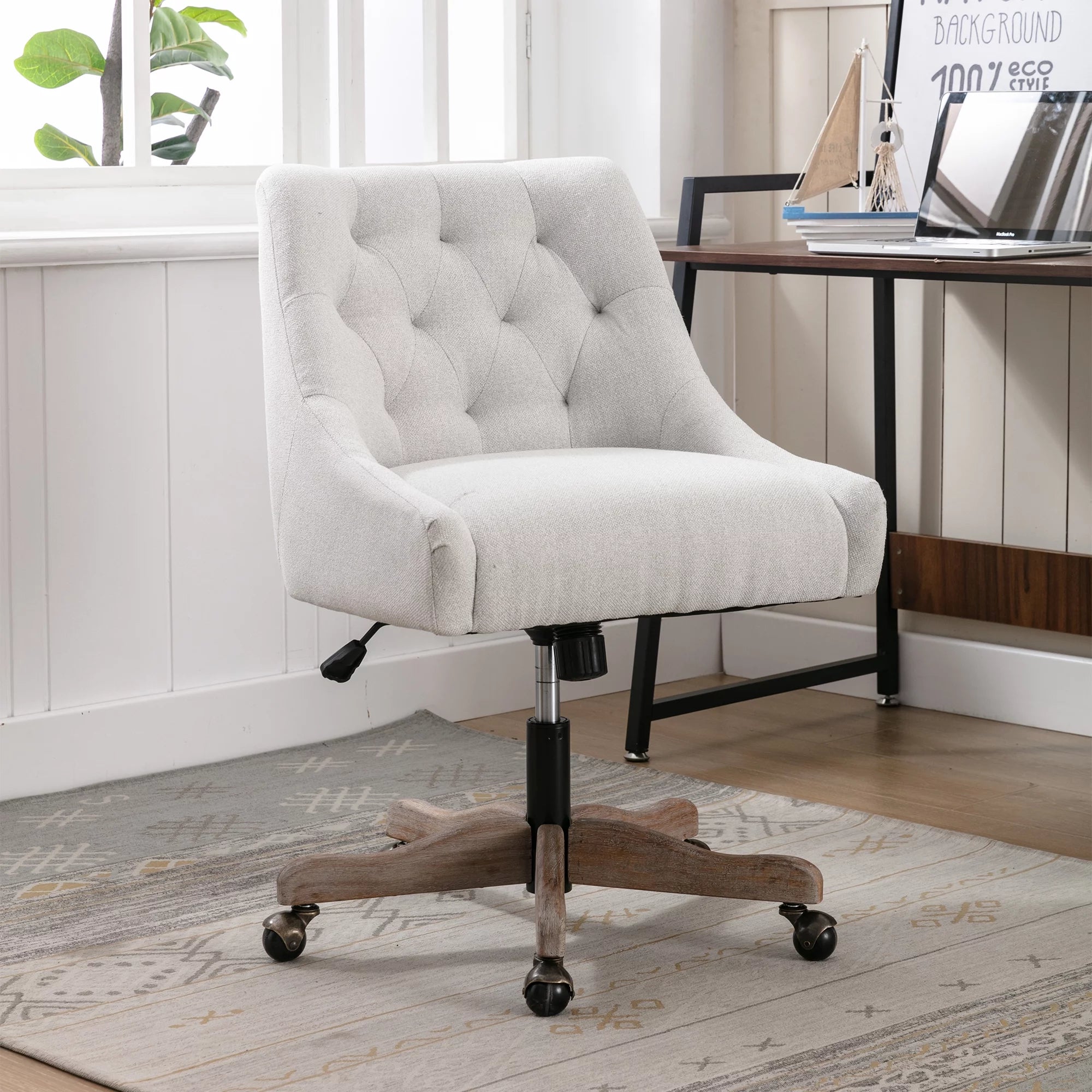 Swivel Office Chair, Linen Fabric Home Office Desk Chairs, Modern Upholstered Swivel Chair with Tufted Backrest & Solid Wood Legs, High Adjustable Swivel Task Chair for Home Office Living Room, Beige