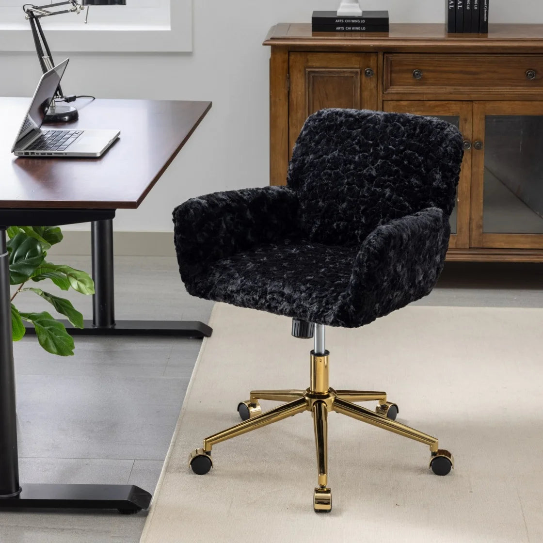 Swivel Office Chair,Upholstered Lounge Reading Chair with Golden Metal Base and Adjustable Height,Comfy Rolling Desk Chair for Living Room,Bedroom,Office,Restaurant,Black