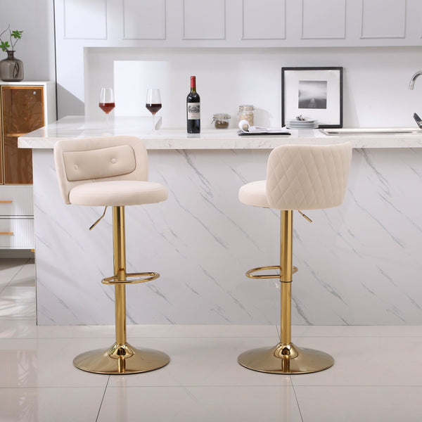 Swivel Velvet Bar Stools Set of 2, Counter Height Adjustable Barstools, Armless Kitchen Bar Chairs with Back and Footrest Gold Metal Base, for Home Bar Restaurant Dining Room, Beige