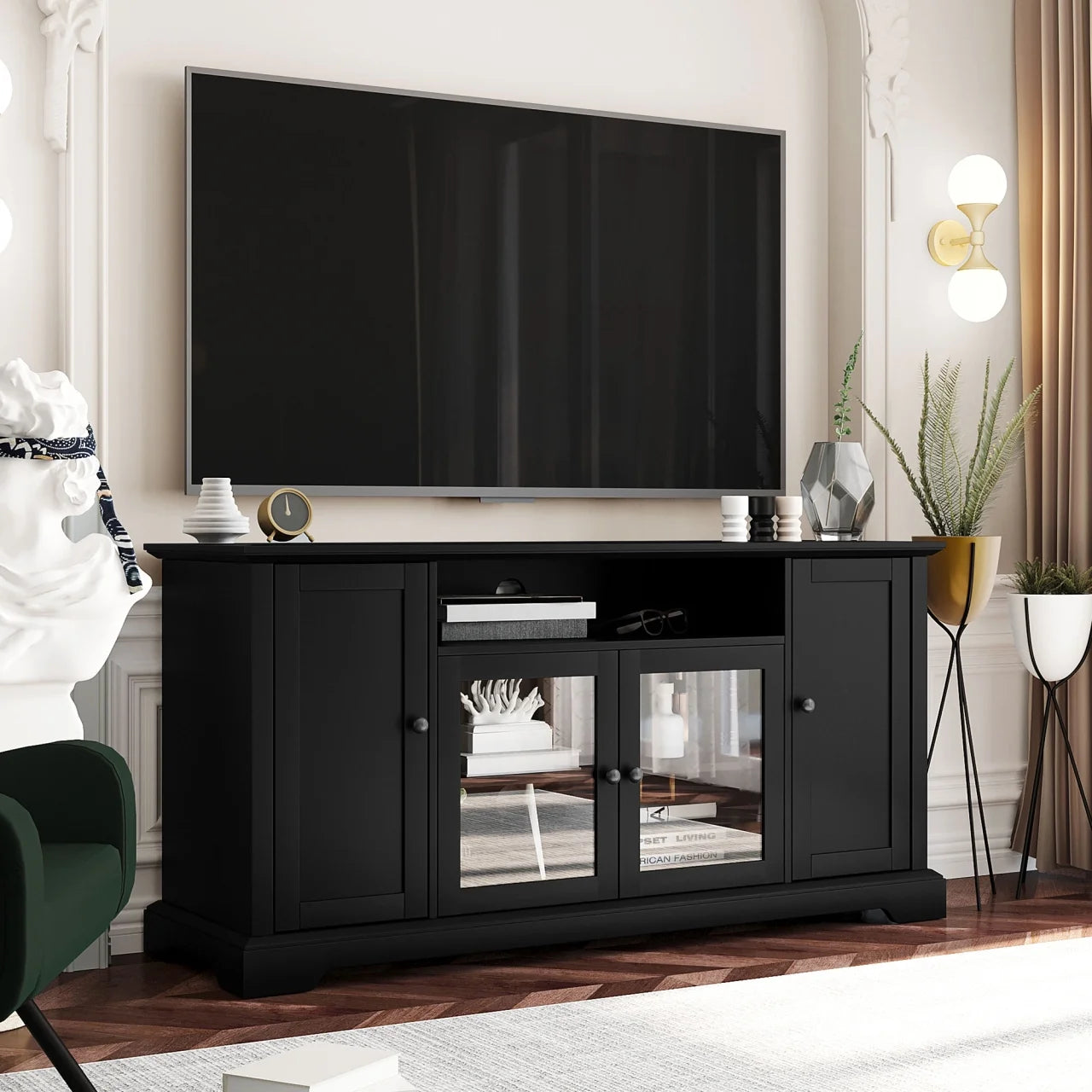 TV Stand for TV up to 65in, 59.8" Tall Entertainment Center with 2 Tempered Glass Doors Adjustable Panels Open Style Cabinet, Modern Media Console Wood Television Stand for Living Room, Black