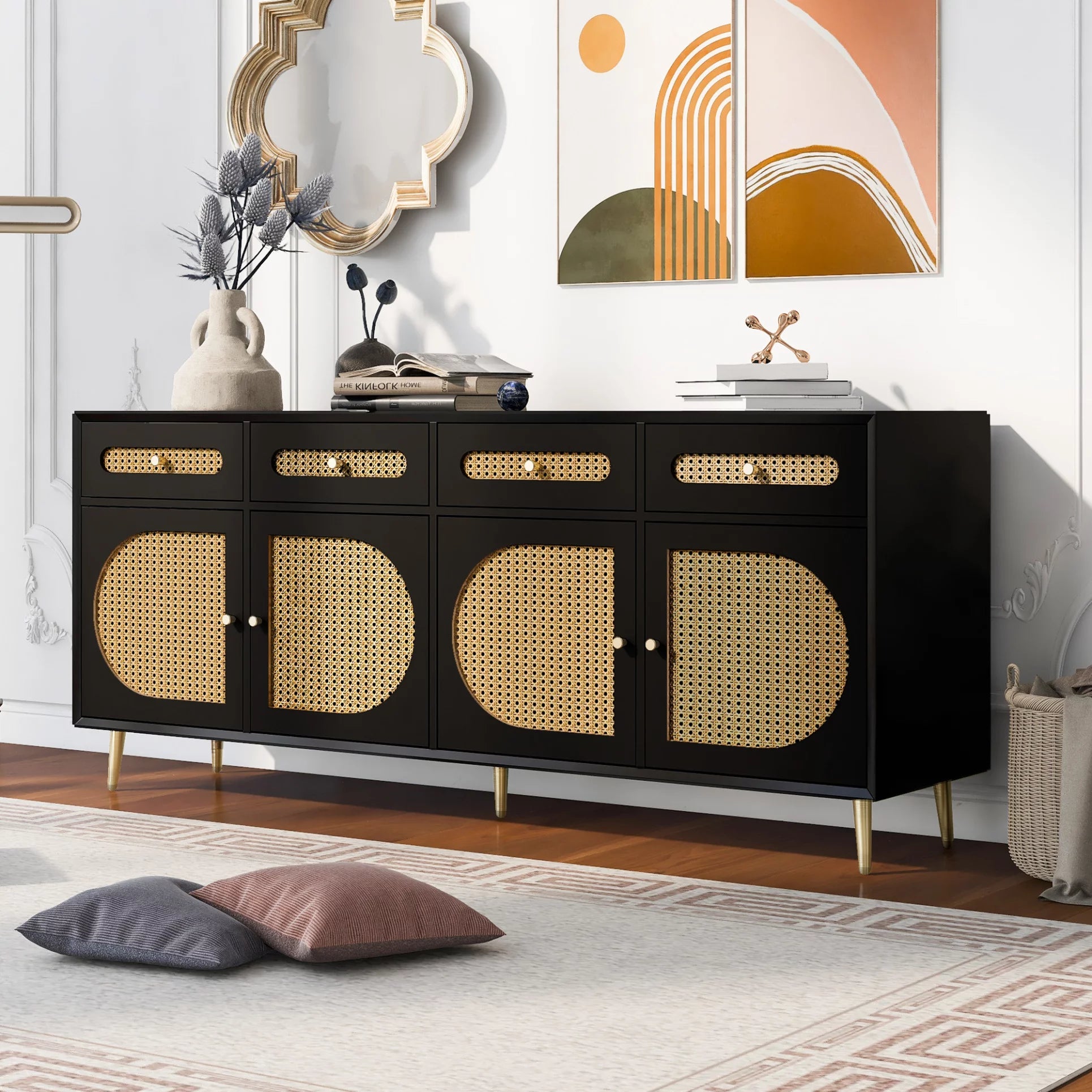 TV Stand with Rattan Door, Console Sideboard Cabinet with 4 Doors and 4 Drawers,Media Accent Kitchen Storage Cabinet,Country Style Design Side Board with Gold Metal Base for Living Room
