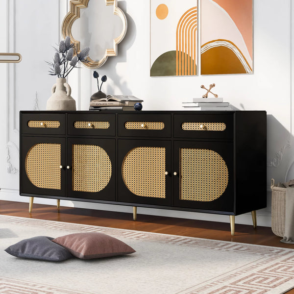 TV Stand with Rattan Door, Console Sideboard Cabinet with 4 Doors and 4 Drawers,Media Accent Kitchen Storage Cabinet,Country Style Design Side Board with Gold Metal Base for Living Room