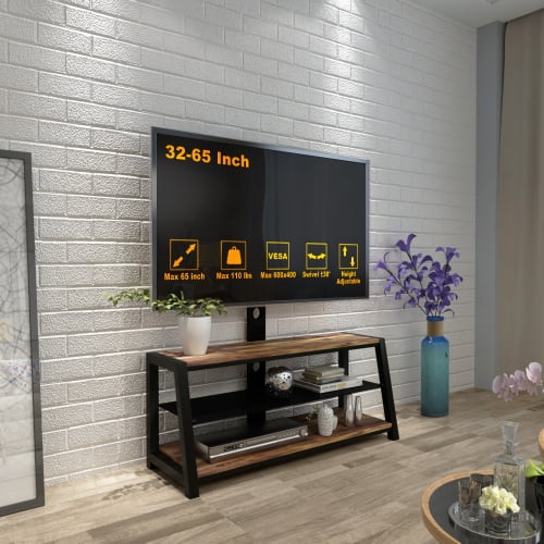 TV Stand with Mount and Storage Shelves, Entertainment Center Fits 32 to 65 Inch Screens, VESA 100x100 to 600x400-Black Tempered Glass Shelving