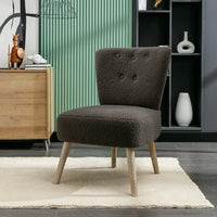 Teddy Fabric Slipper Chair Modern Accent Chair with Button Ergonomic Backrest, Upholstered Comfy Side Chair with Solid Wood Legs for Living Room Bedroom Make-Up Room, Dark Gray