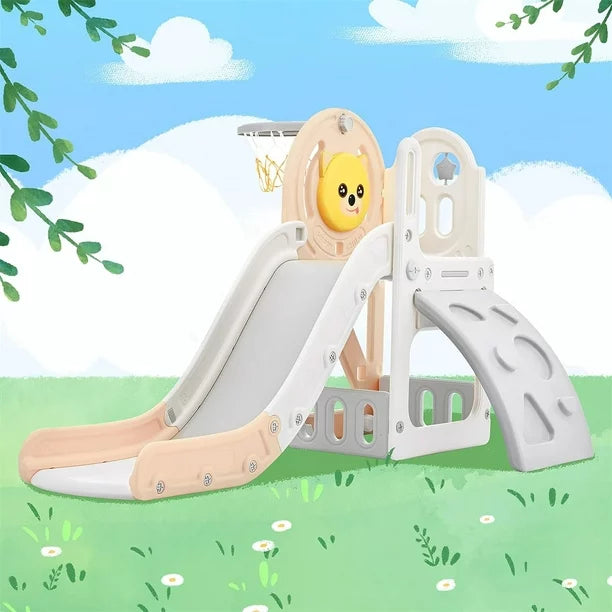 Toddler Slide and Climber Set 4 in 1, Kids Freestanding Slides with Basketball Hoop, Playground Slide Climber Playset, Freestanding Combination for Babies Play in Indoor & Outdoor, Pink