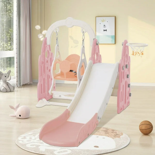 Toddler Slide and Swing Set, 4-in-1 Kids Slide with Height Adjustable Swing, Basketball Hoop and Climber Stairs, Toddler Playground Toddler Playset for Indoor Outdoor, Pink and White