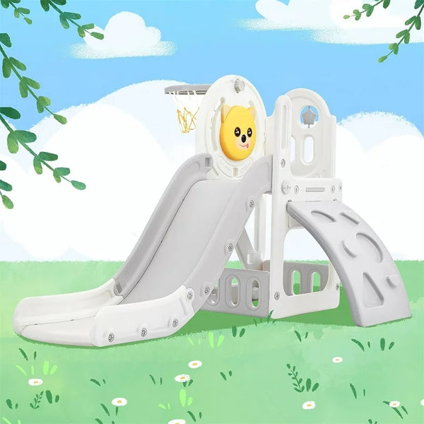 Toddler Slide and Climber Set 4 in 1, Kids Freestanding Slides with Basketball Hoop, Playground Slide Climber Playset, Freestanding Combination for Babies Play in Indoor & Outdoor, Grey