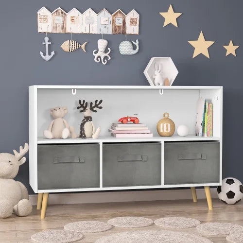 Toy Organizers, Kids Bookcase with Collapsible Fabric Storage Drawers, Wooden Toy Storage Cabinet with Pine Legs for Organizing Books Toys, Children's Room, Playroom, Nursery (Gray)
