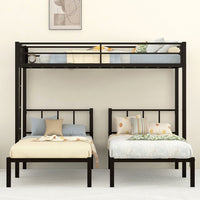 Triple Bunk Bed for 3, Twin over Twin & Twin Bunk Bed with Ladder and Shelf, Can be divided into 3 Beds, Metal Bunk Bed Frame with Safety Rail & Slats Support, No Box Spring Needed, Black
