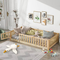 Triple Tree Montessori Twin Bed, for Toddler with Fence and Wood Slats, Natural