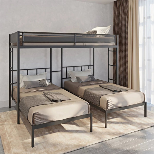 Triple Twin Bunk Bed, Metal Twin Over Twin and Twin Bunk Bed with Both Side Ladders for Kids Teens Adults, Heavy-Duty Bed Frame with Wood Slats Support and Safety Guardrails for Bedroom Dorm, Black