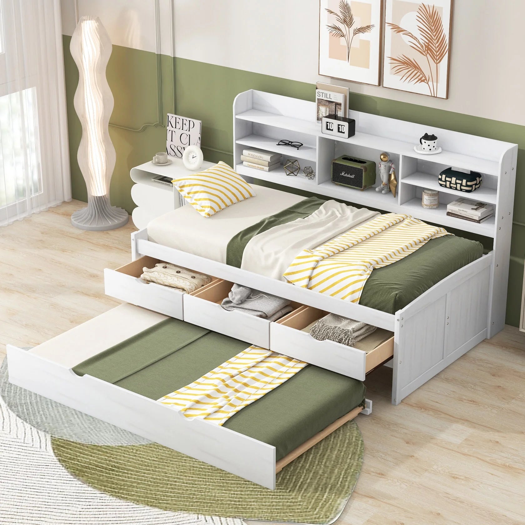 Twin Bed Frames, Bed Frame with Trundle and Built-in Bookshelves, Wooden Captain Bed Twin Size Bed Frames, Storage Bed with Three Storage Drawers for Adults Boys and Girls, White Wash