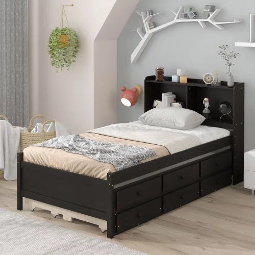 Twin bed frame outlet with bookcase headboard